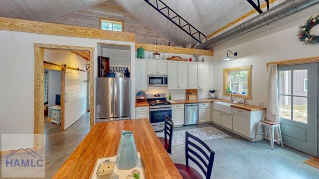 26 Cason Rd, Pembroke, GA 31321 - kitchen with wooden counters, appliances with stainless steel finishes, concrete flooring, high vaulted ceiling, and a barn door