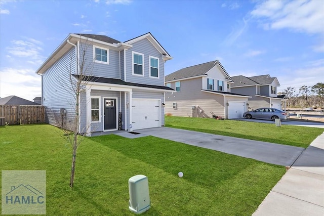 traditional-style house with a front lawn, fence, cooling unit, concrete driveway, and a garage