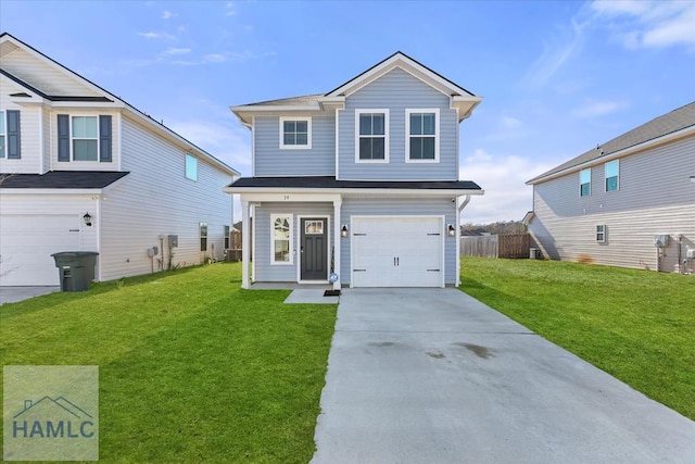 traditional home featuring an attached garage, concrete driveway, a front yard, and fence