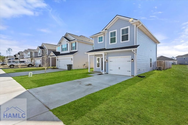 view of front of house with a residential view, cooling unit, concrete driveway, and a garage