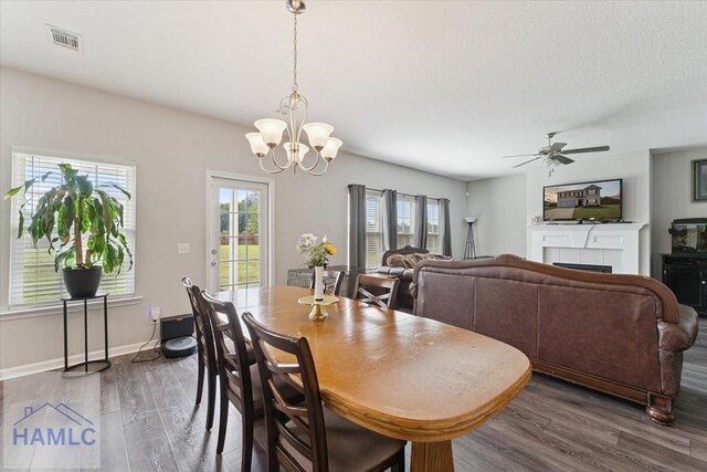 263NE Summer Hill Dr, Ludowici, GA 31316 - dining room with wood finished floors, healthy amount of natural light, a chandelier, and a tile fireplace
