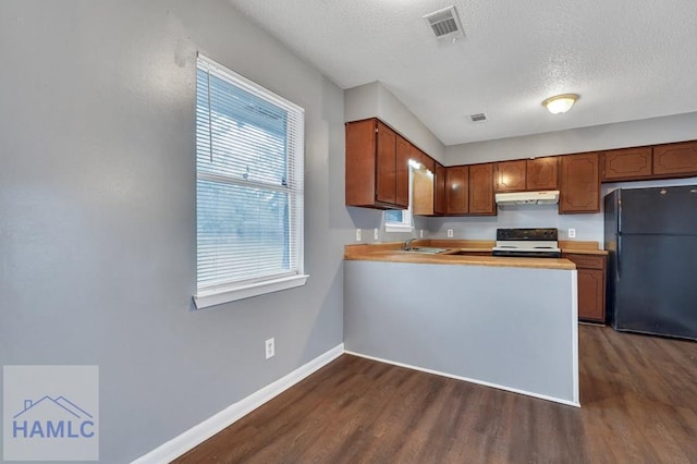 kitchen featuring kitchen peninsula, plenty of natural light, a textured ceiling, white range with gas cooktop, and black refrigerator