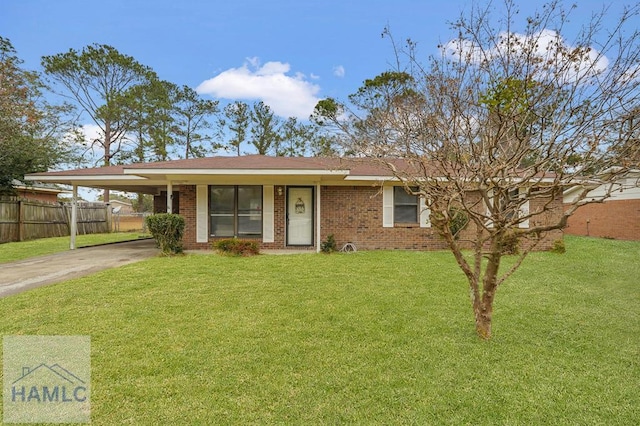 single story home featuring a carport and a front lawn