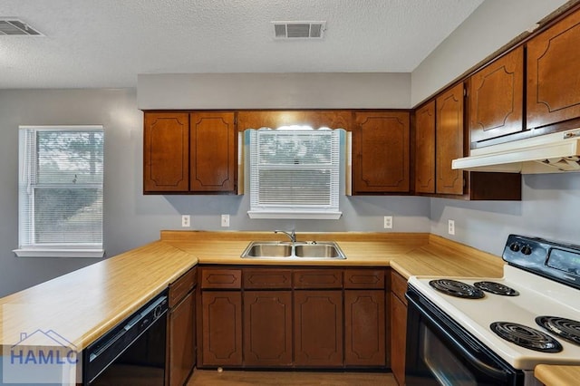 kitchen with dishwasher, a textured ceiling, white range with electric stovetop, and sink