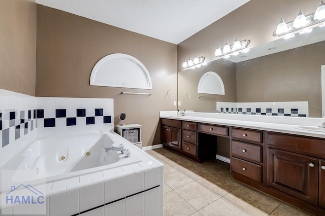202 Red Bluff Cir, Rincon, GA 31326 - full bath with double vanity, a tub with jets, tile patterned floors, and backsplash