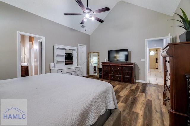 202 Red Bluff Cir, Rincon, GA 31326 - bedroom with high vaulted ceiling, wood finished floors, ensuite bath, and a ceiling fan
