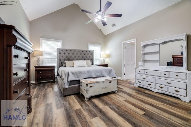 202 Red Bluff Cir, Rincon, GA 31326 - bedroom with high vaulted ceiling, wood finished floors, and a ceiling fan