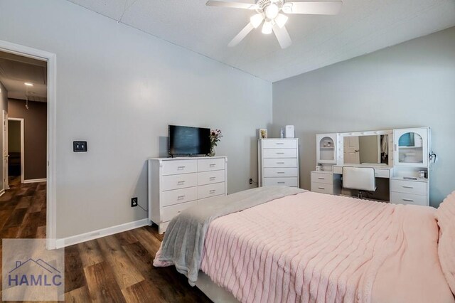 202 Red Bluff Cir, Rincon, GA 31326 - bedroom featuring vaulted ceiling, dark wood-style flooring, and ceiling fan