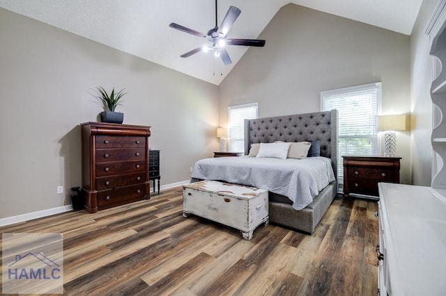 202 Red Bluff Cir, Rincon, GA 31326 - bedroom with high vaulted ceiling, dark wood-style flooring, and ceiling fan