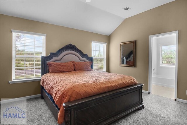 134 Dove Run Dr NE, Ludowici, GA 31316 - bedroom with light carpet, multiple windows, vaulted ceiling, and connected bathroom