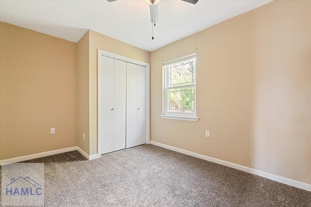 1019 Bacon Rd, Hinesville, GA 31313 - unfurnished bedroom featuring carpet floors, baseboards, a closet, and a ceiling fan