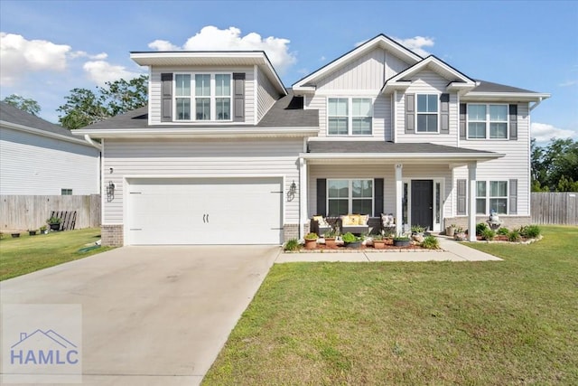 craftsman house featuring fence, covered porch, a front yard, an attached garage, and driveway