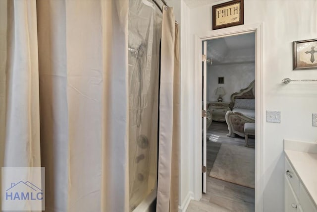 bathroom featuring curtained shower, hardwood / wood-style floors, and vanity