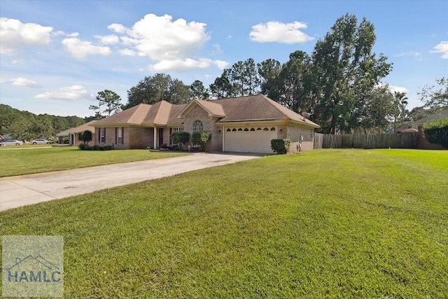 ranch-style house with a garage and a front lawn