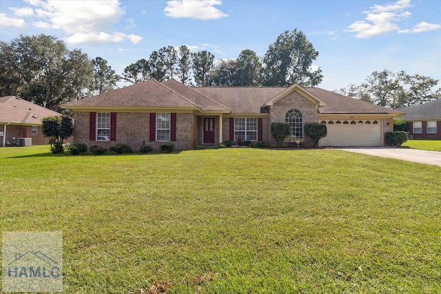 single story home featuring a front lawn, central AC unit, and a garage