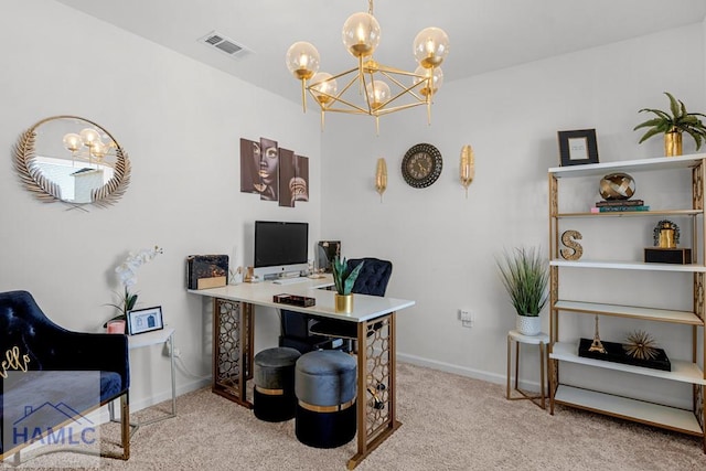 carpeted home office featuring an inviting chandelier