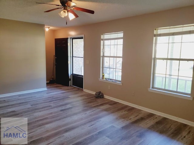 empty room with wood-type flooring and ceiling fan