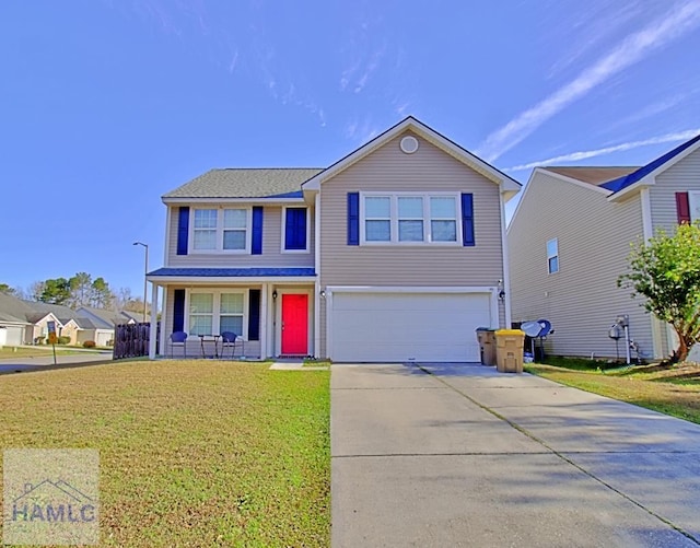 view of property featuring a garage, a front lawn, and covered porch