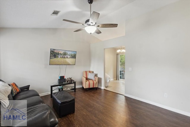 128 W Kenny Dr, Hinesville, GA 31313 - living area featuring wood finished floors, a chandelier, lofted ceiling, and a ceiling fan