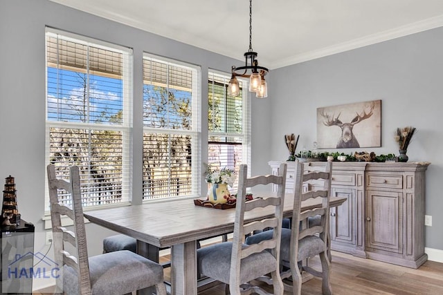 dining space featuring a chandelier, light wood finished floors, crown molding, and baseboards