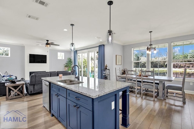 kitchen featuring visible vents, ornamental molding, light wood-type flooring, and a sink