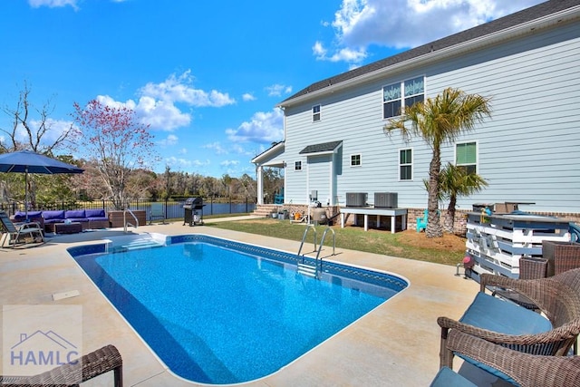 view of swimming pool with central air condition unit, an outdoor hangout area, a patio, and fence