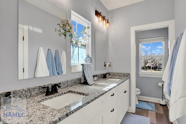 full bathroom with double vanity, toilet, wood finished floors, and a sink