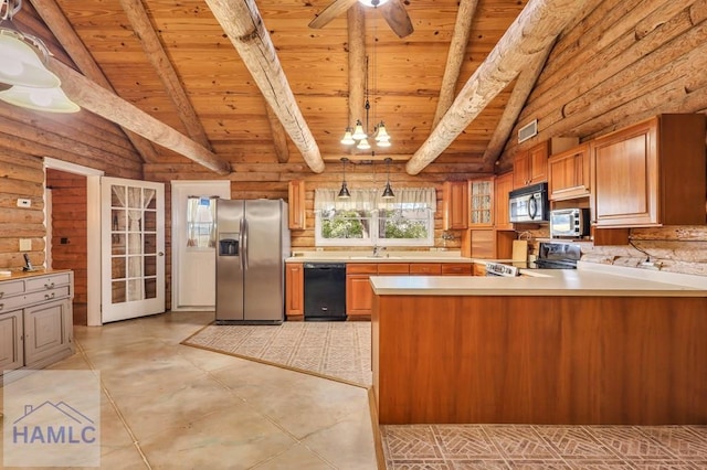 kitchen with pendant lighting, sink, appliances with stainless steel finishes, beamed ceiling, and wood ceiling