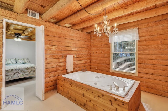 bathroom with log walls, beamed ceiling, and wooden ceiling