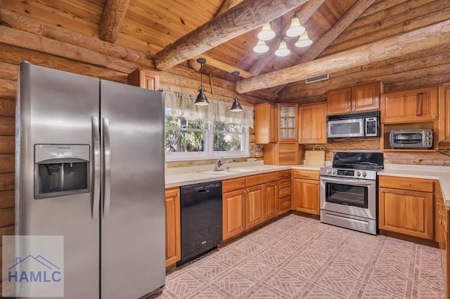 kitchen with sink, log walls, pendant lighting, wood ceiling, and appliances with stainless steel finishes