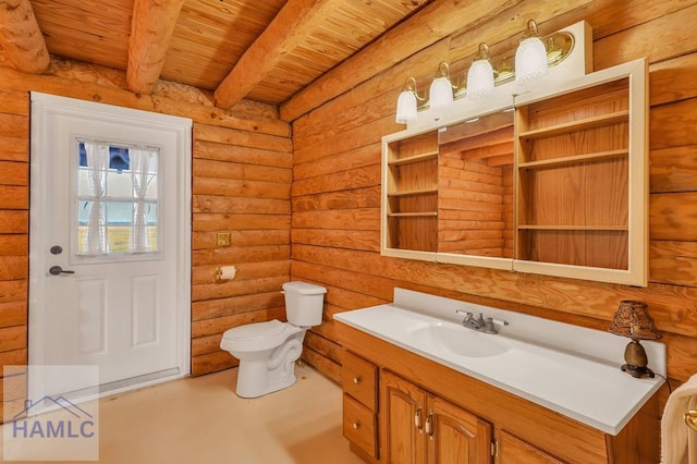 bathroom with beam ceiling, log walls, wooden ceiling, toilet, and vanity