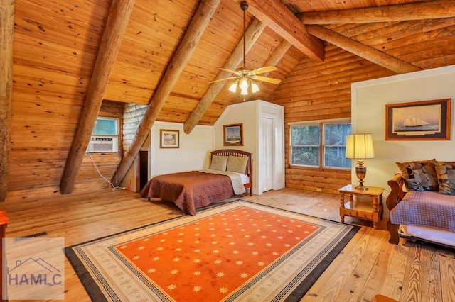 bedroom featuring wooden ceiling, high vaulted ceiling, ceiling fan, beamed ceiling, and wood-type flooring