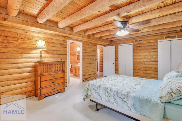 bedroom featuring ensuite bath, ceiling fan, log walls, beamed ceiling, and wood ceiling