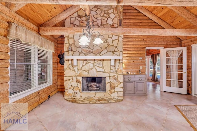 unfurnished living room featuring lofted ceiling with beams, light tile patterned flooring, wood ceiling, and rustic walls