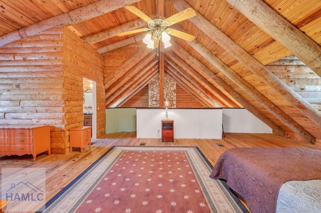 unfurnished bedroom featuring log walls, beam ceiling, and hardwood / wood-style flooring