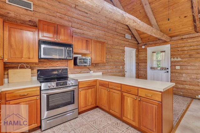 kitchen featuring kitchen peninsula, wood ceiling, stainless steel appliances, log walls, and beamed ceiling