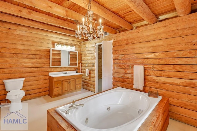 bathroom featuring rustic walls, beamed ceiling, and wooden ceiling