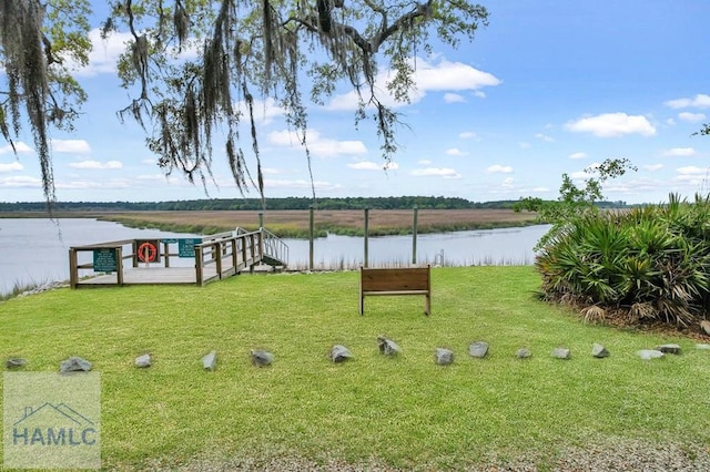 view of community featuring a water view and a yard