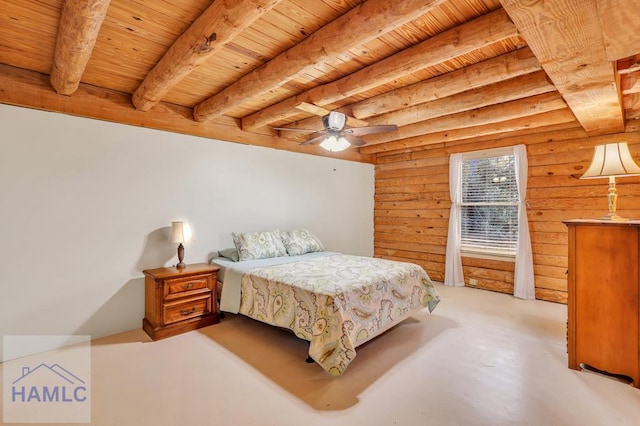 bedroom featuring ceiling fan, beam ceiling, and wooden ceiling