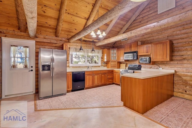 kitchen with rustic walls, kitchen peninsula, stainless steel appliances, and decorative light fixtures