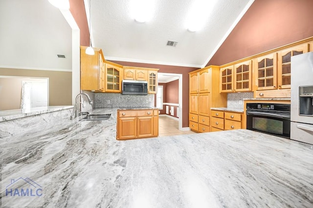 3638 Tibet Rd, Ludowici, GA 31316 - kitchen featuring black appliances, backsplash, crown molding, glass insert cabinets, and light tile patterned floors