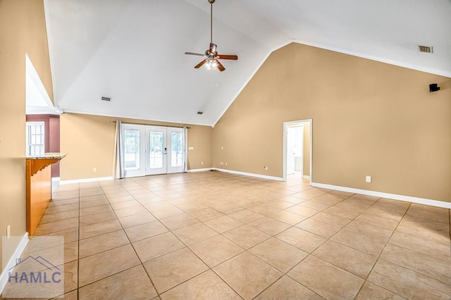 3638 Tibet Rd, Ludowici, GA 31316 - unfurnished living room featuring high vaulted ceiling, ceiling fan, light tile patterned floors, and plenty of natural light
