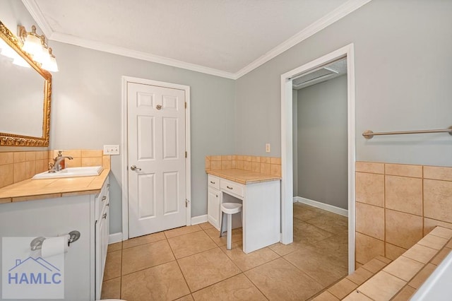 3638 Tibet Rd, Ludowici, GA 31316 - bathroom with vanity, crown molding, tile patterned floors, and decorative backsplash