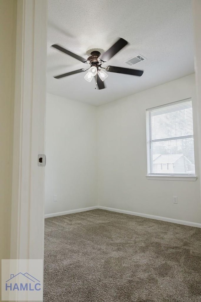 spare room featuring carpet flooring, ceiling fan, and a textured ceiling