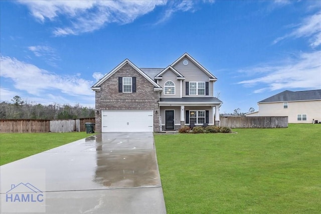 traditional-style house featuring brick siding, fence, a garage, driveway, and a front lawn