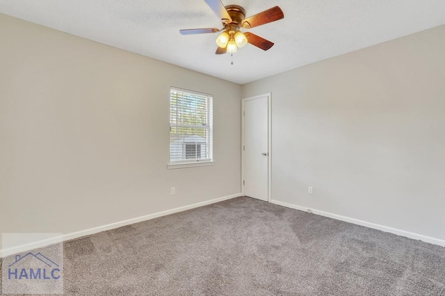 unfurnished room featuring carpet flooring, a textured ceiling, and ceiling fan