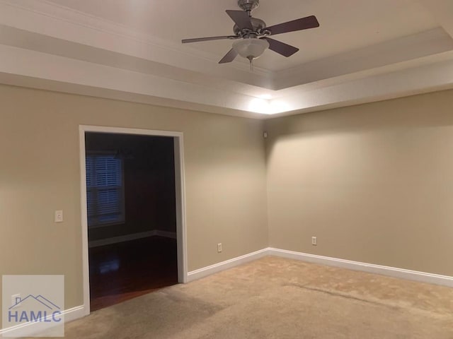 spare room featuring carpet flooring, a tray ceiling, and ceiling fan