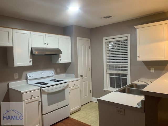 kitchen with white range with electric cooktop, white cabinetry, and sink