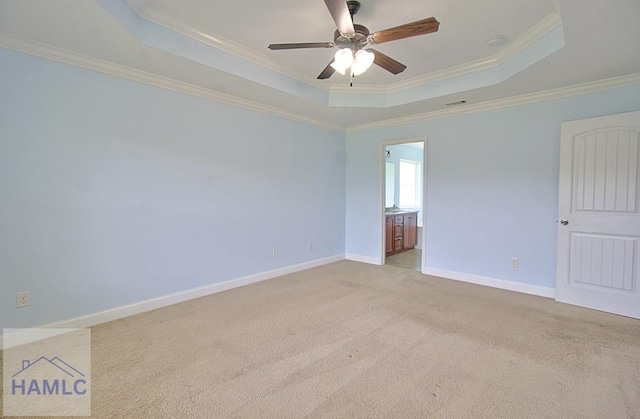 carpeted empty room with ceiling fan, a raised ceiling, and ornamental molding