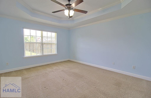 carpeted empty room featuring a raised ceiling and ornamental molding